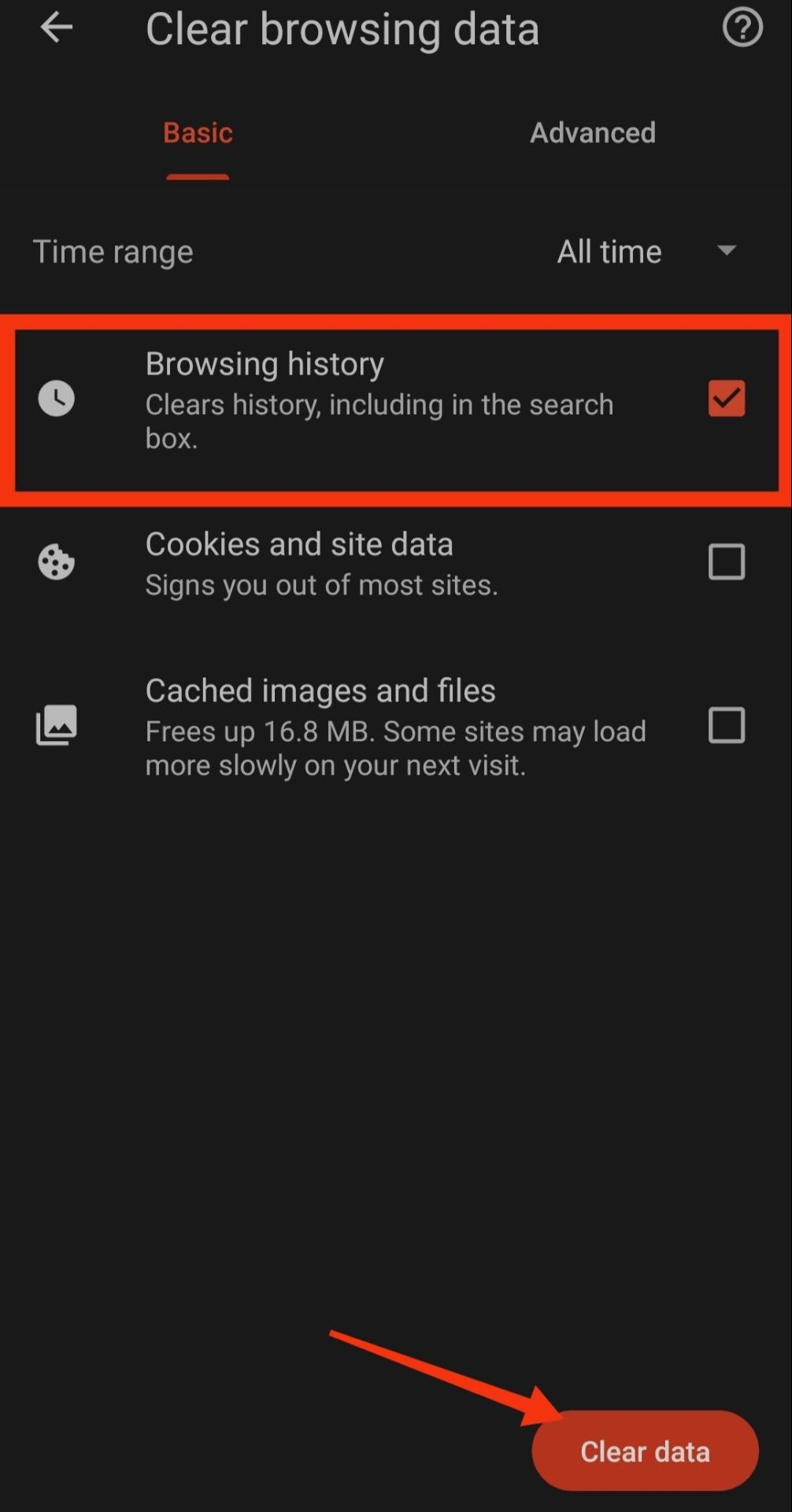 Checkbox for Browsing History on Brave Mobile