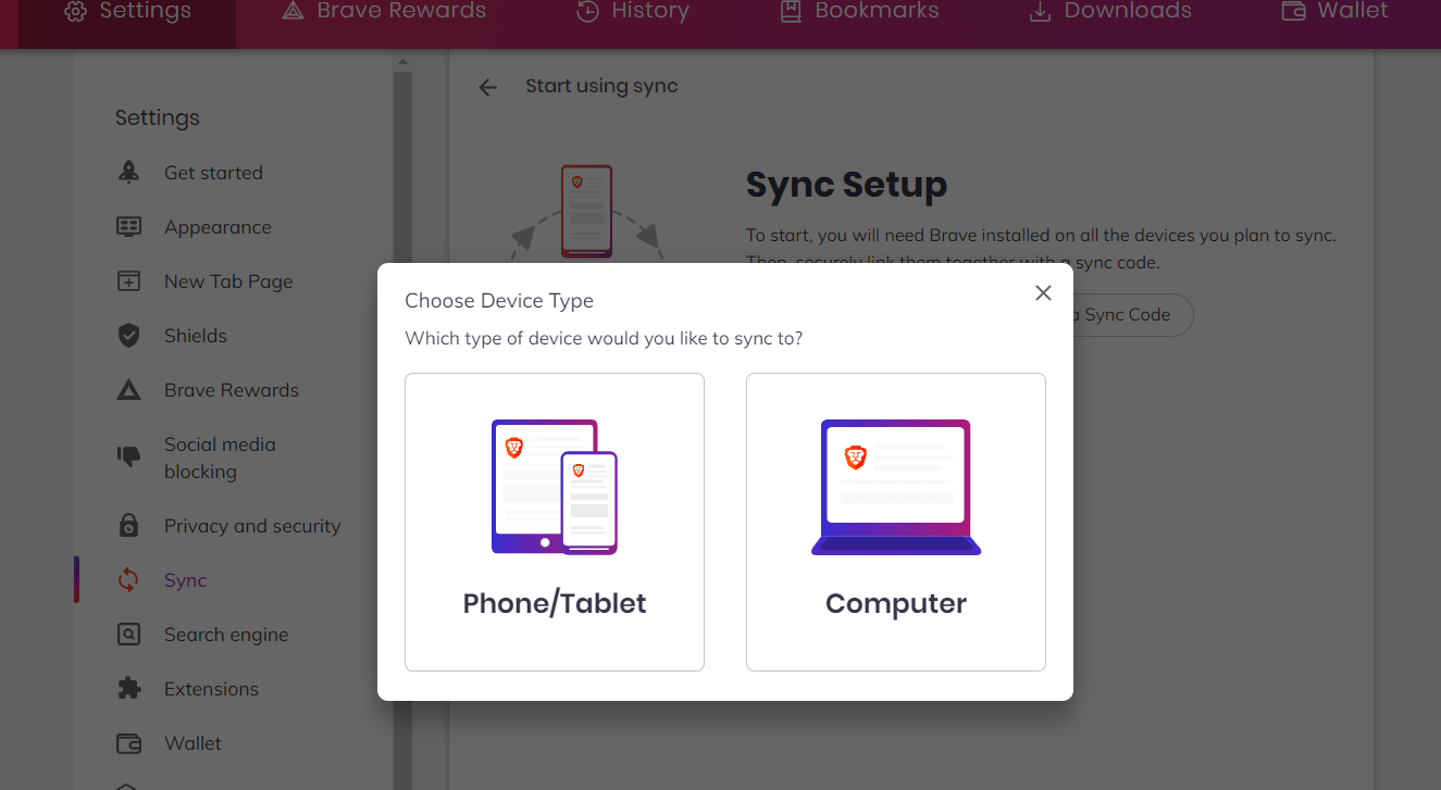 Choose Device Type for Sync Setup on Brave computer