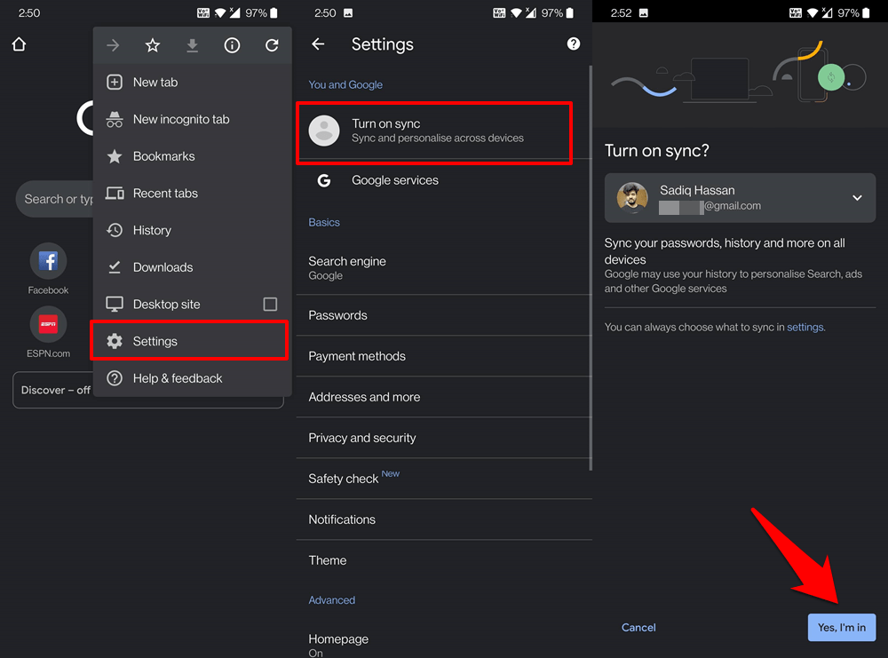 Chrome Android Turn On Sync Settings