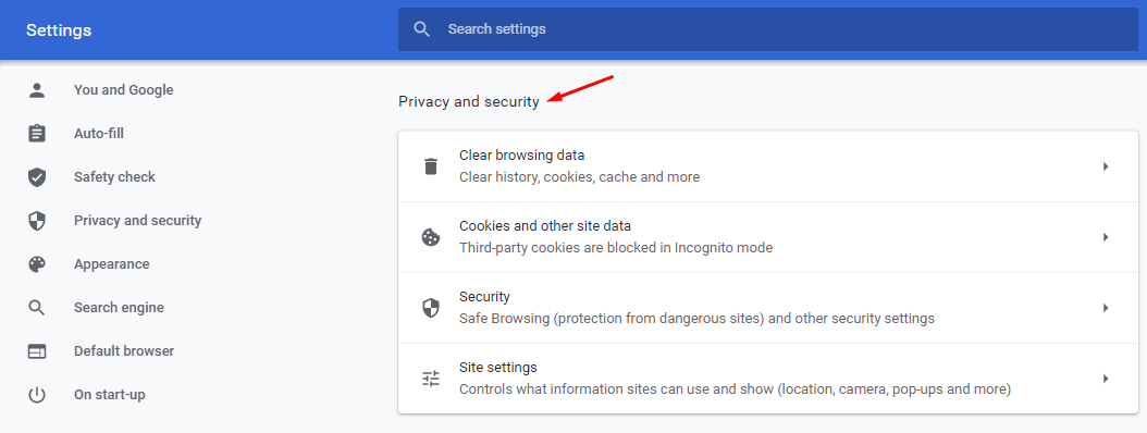 Chrome Privacy and Security section