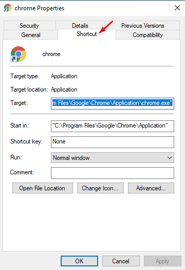 Chrome Properties Shortcut Window