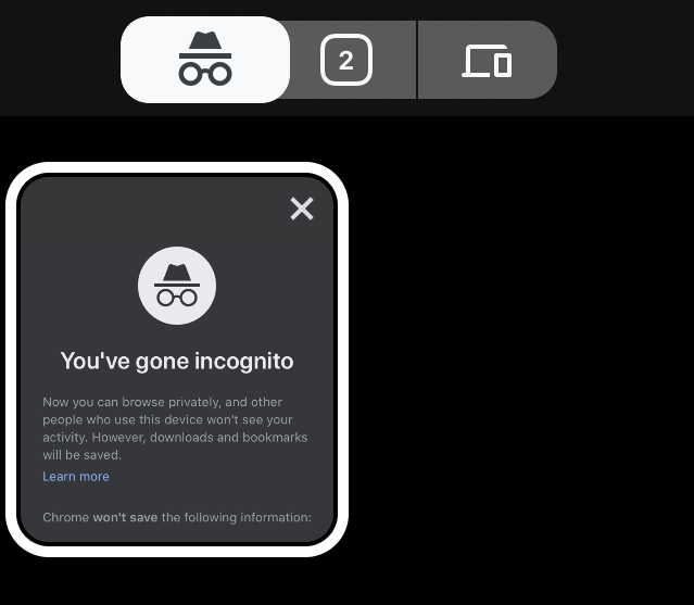 Chrome iOS Active Incognito Tabs