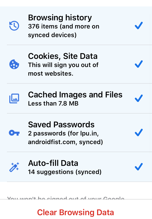Chrome iOS Choose the Options and Clear Browsing Data
