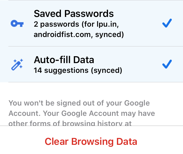 Chrome iOS Clear Saved Passwords and Autofill Data