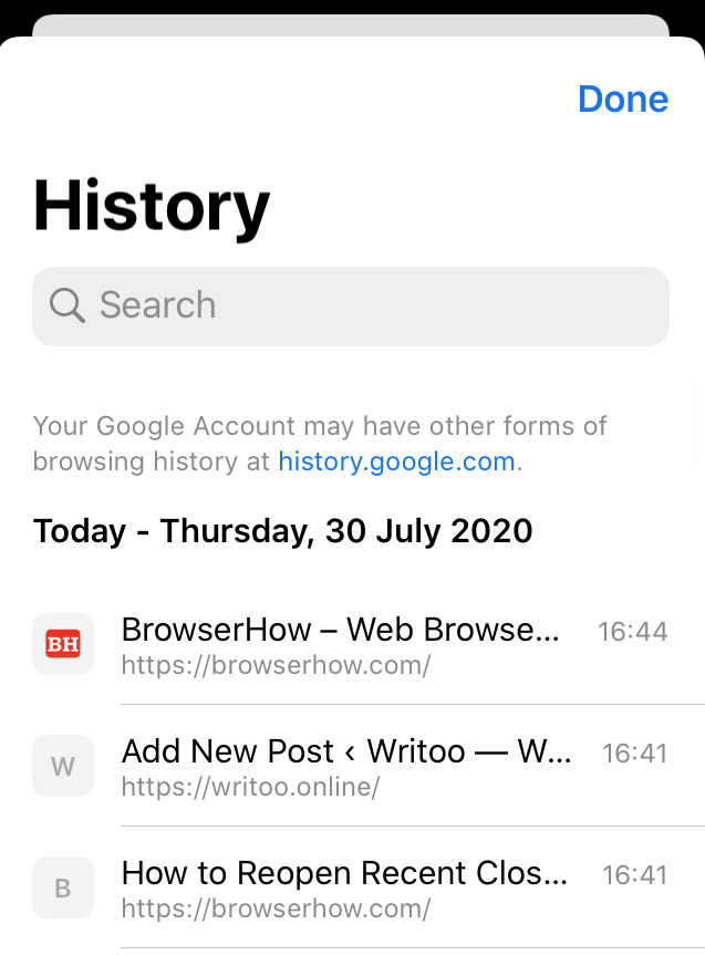 Chrome iOS History Tab with Recent History