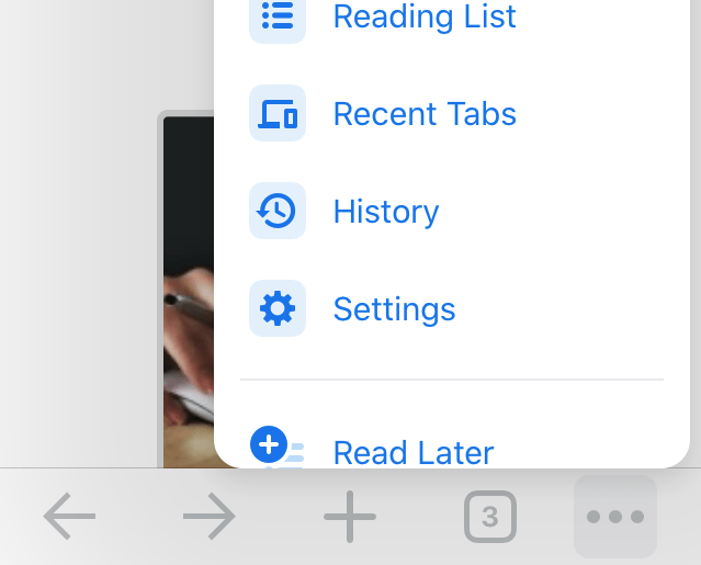 Chrome iOS Options Menu and Settings Tab