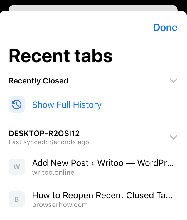 Chrome iOS Recent Tabs Recently Closed