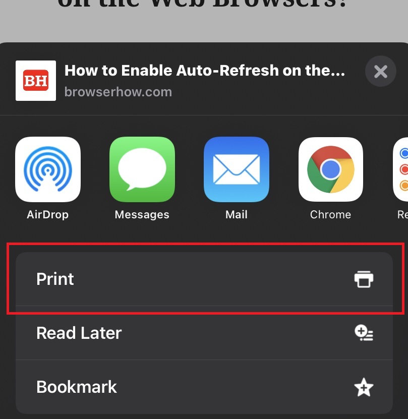 Chrome iPhone Print option command