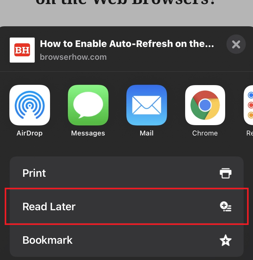 Chrome iPhone Read Later option command