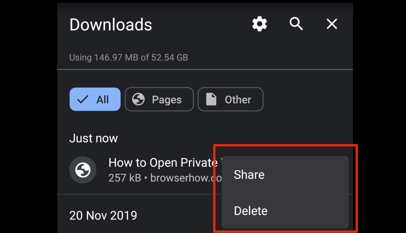 Chrome Android Share or Delete Downloads WebPage