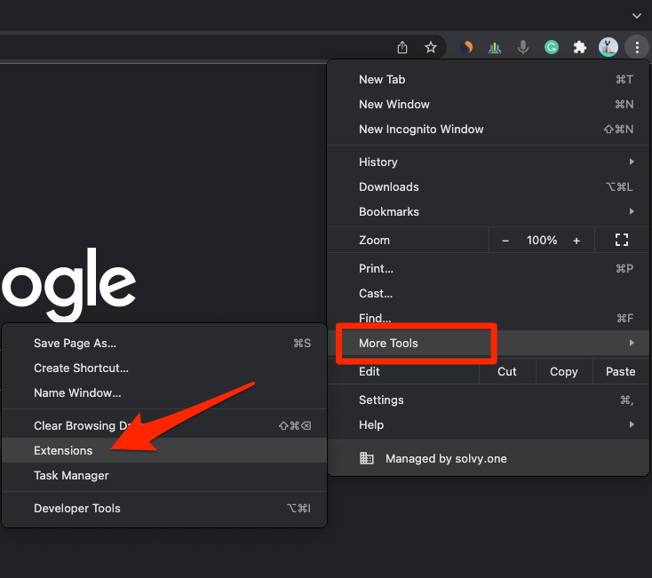 Chrome More Tools menu with Extensions sub-menu
