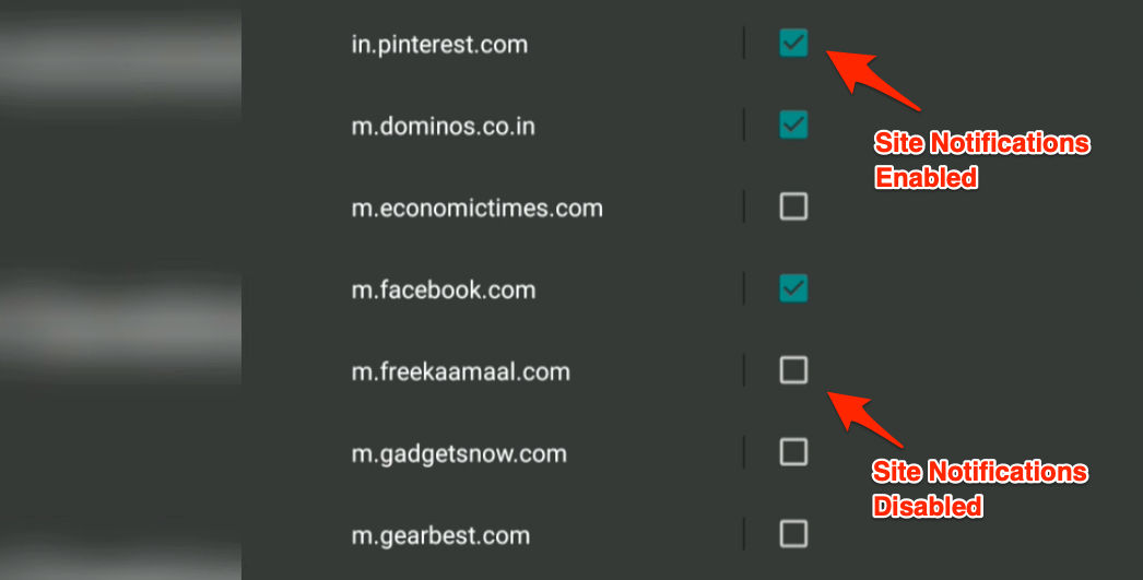 Chrome Site Notifications Checkbox Enabled and Disabled