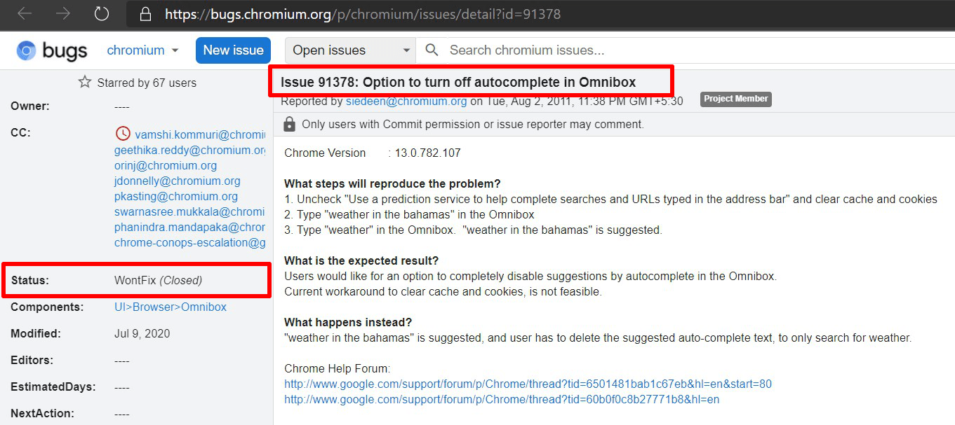 Chromium Bug to Turn Off Autocomplete Option