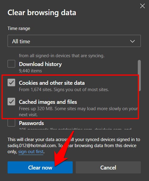 Clear Cookies and other site data along with Cache and Image files of Microsoft Edge browser