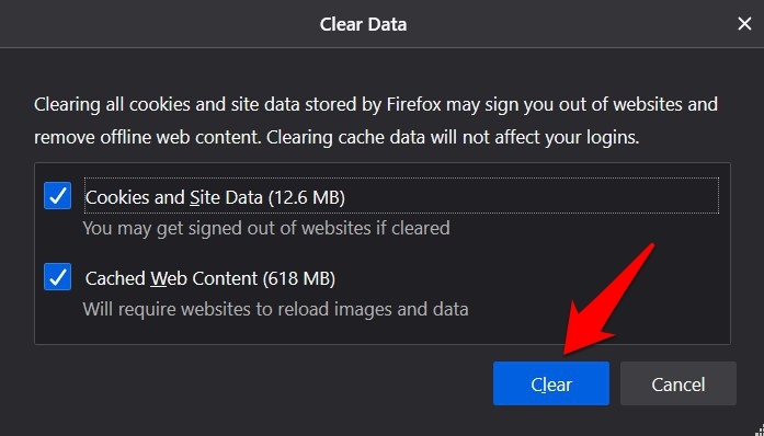 Clear Data window in Firefox browser