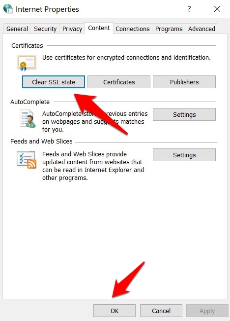 Clear SSL State from Internet Options in Windows