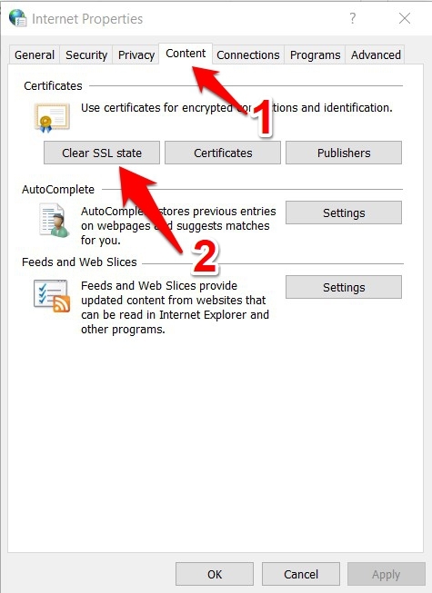 Clear SSL State in Windows OS Internet Properties setting