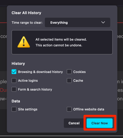 Clear All History from the Firefox computer browser