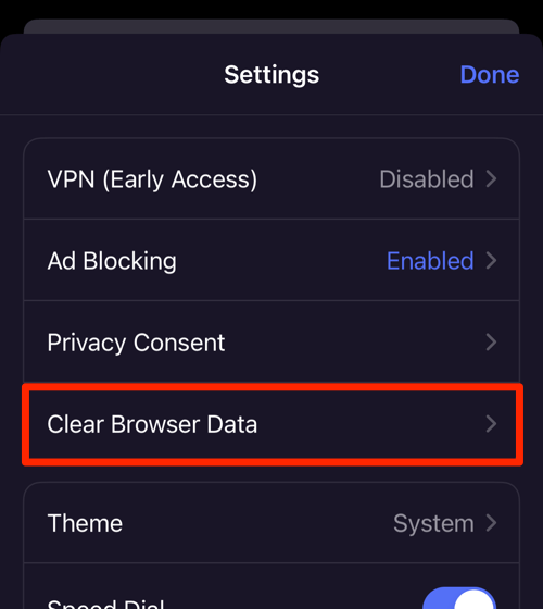 Clear Browser Data option under Settings menu on Opera for iPhone