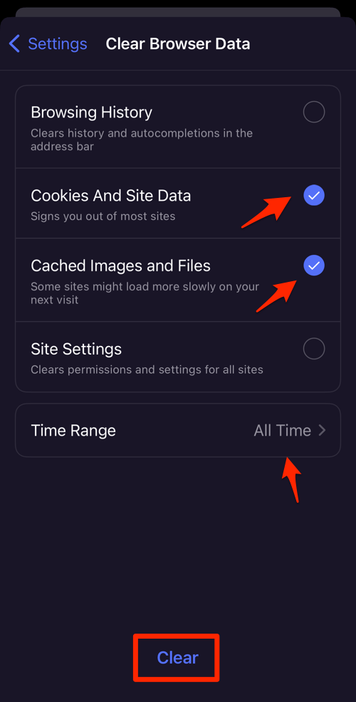 Clear Cookies and Cache data from Opera on iPhone
