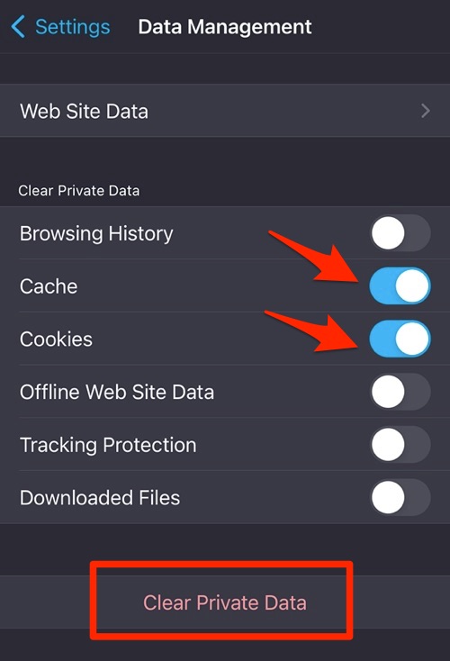 Clear Cookies and Cache from Firefox app on iPhone
