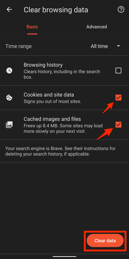 Clear Data button with Cookies and Cache checkbox enabled on Brave Android