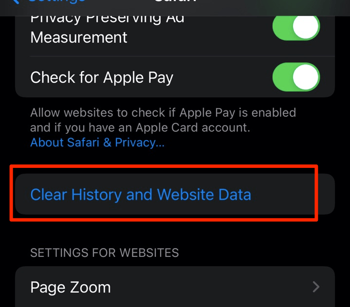 Clear History and Website Data option menu in Safari iPhone Settings