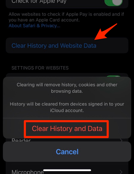 Clear History and Data command on Safari Settings page