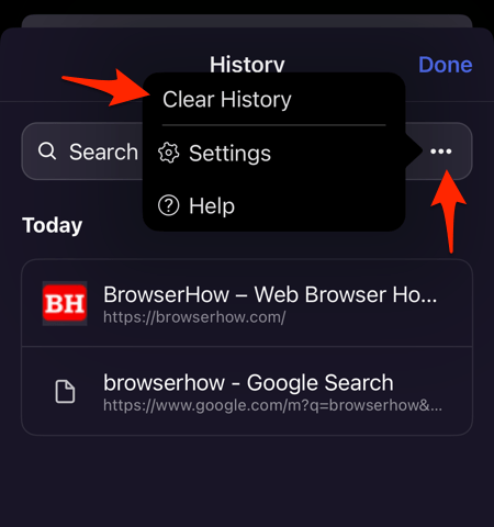 Clear History option under the History page options menu on Opera iPhone