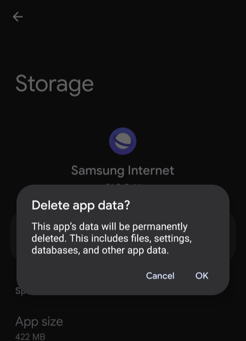 Clear Storage and Cache data of Samsung Internet app from Android Settings