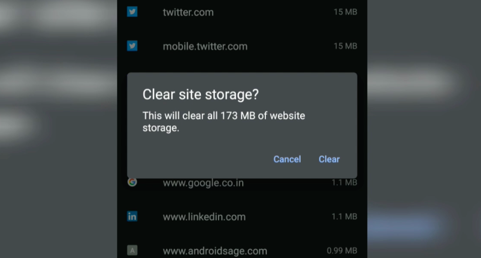 Clear all Site Storage Chrome Android