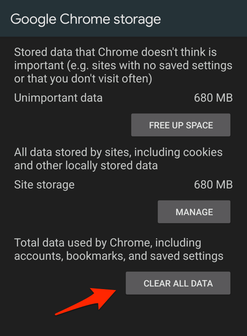 Clear all data from Chrome app in Android Settings