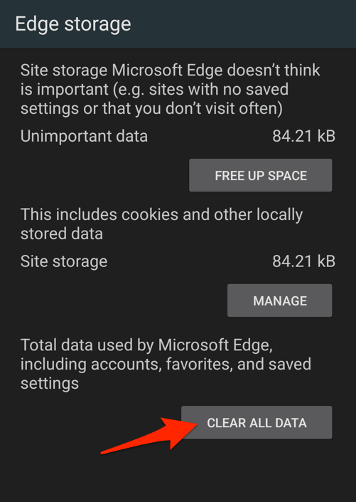 Clear all data from Edge app in Android Settings