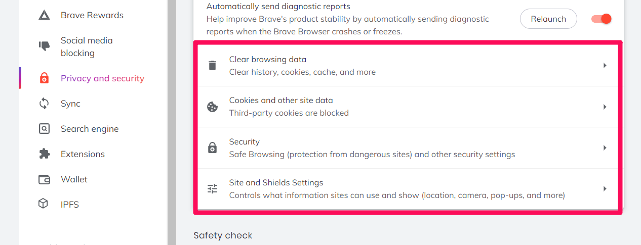 Clear browsing data, cookies and cache, site and shield settings in Brave computer browser