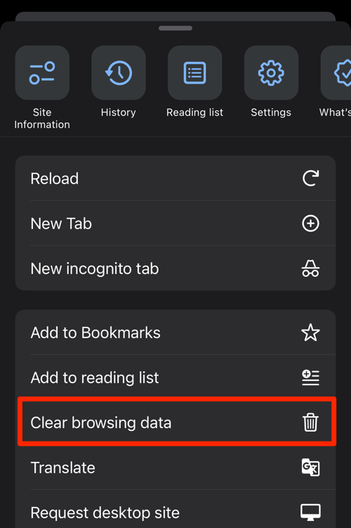 Clear browsing data menu in Chrome iPhone 