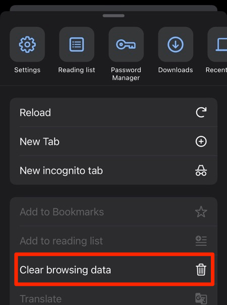 Clear browsing data option menu in iPhone device