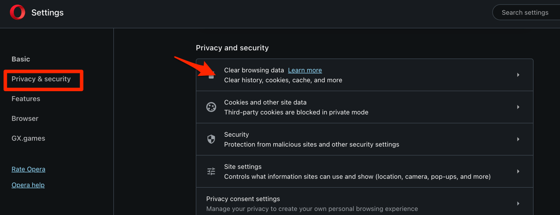 Clear browsing data option under Privacy and Security settings page on Opera computer