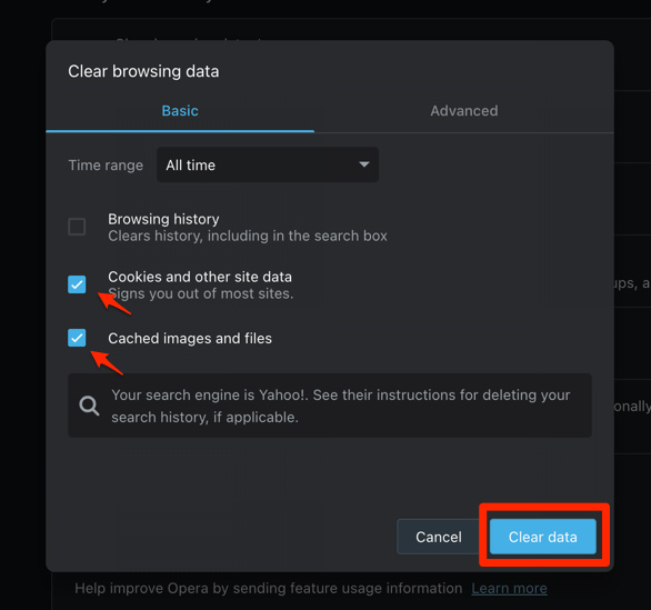 Clear browsing data with Cookies and Cache option selected on Opera computer