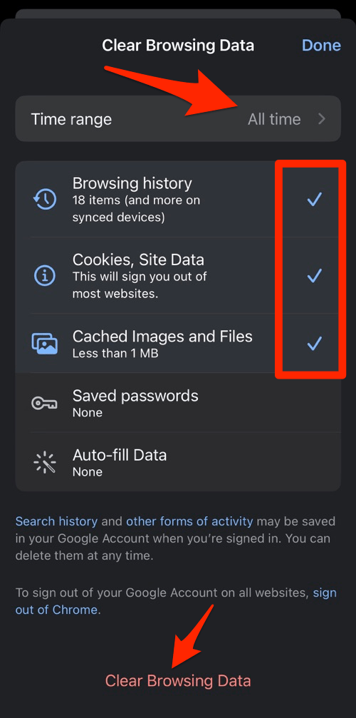Clear browsing history, cookies and cache data from Chrome app on iPhone or iPad