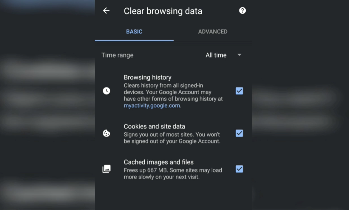 Clear browsing history cookies and cached files from Chrome Android