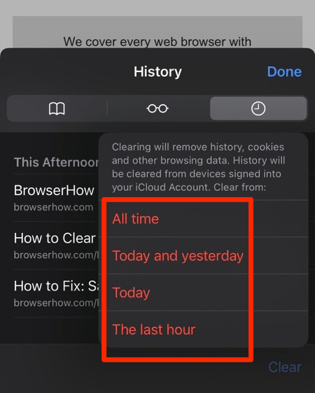 Clear browsing history for time period on Safari app on iPhone