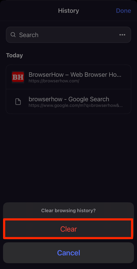 Clear command on the Clear browsing history pop-up in Opera for iPhone
