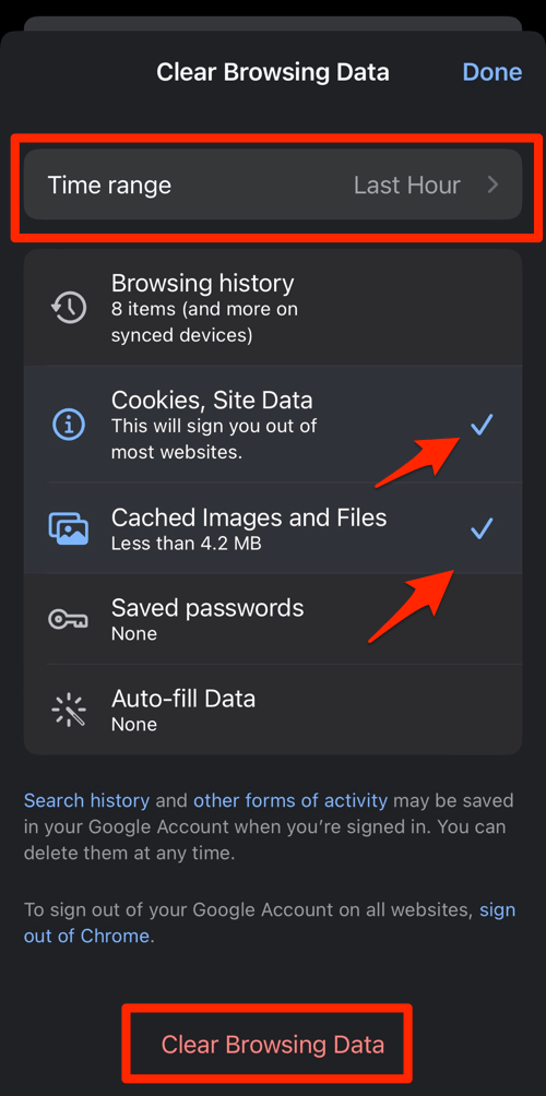 Clear cookies and cache browsing data from Chrome iPhone