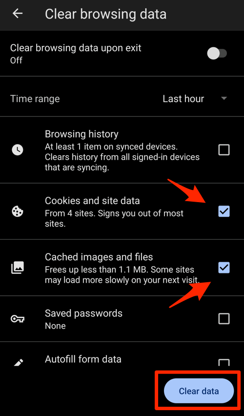 Clear cookies and cached files data from the Edge for Android browser