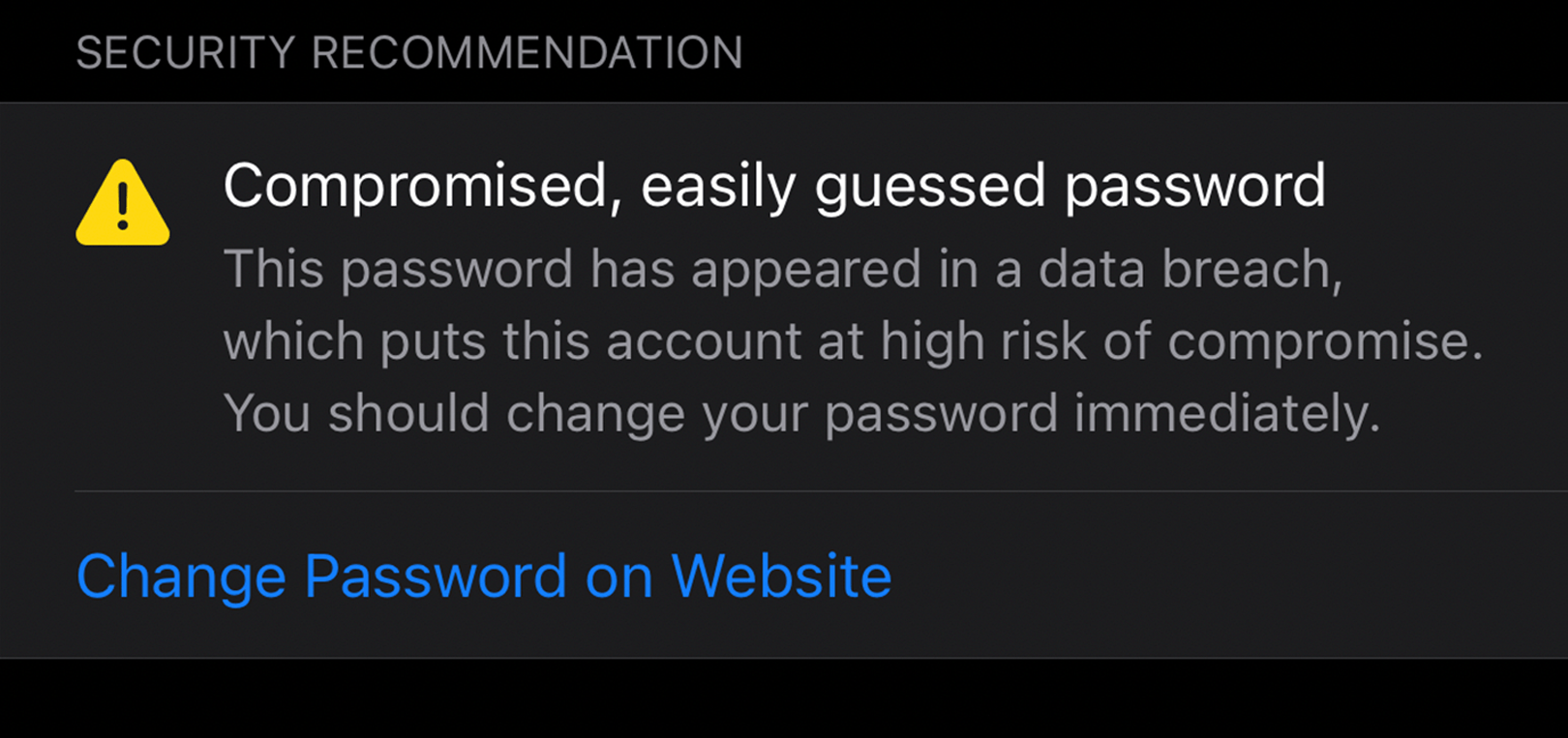 Compromised and easily guessed password alert in Safari browser