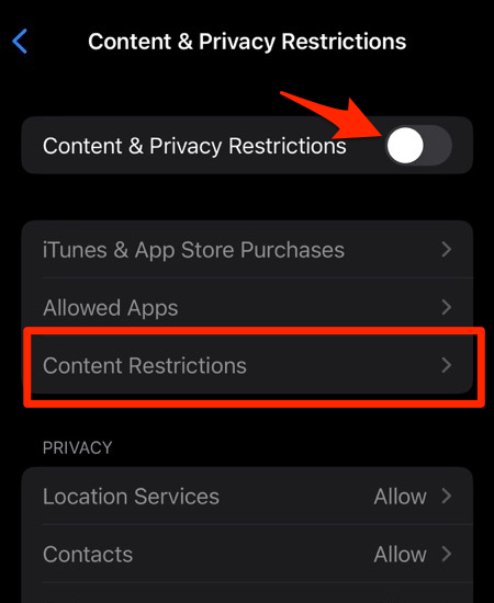 Content and Privacy Restrictions in iPhone settings