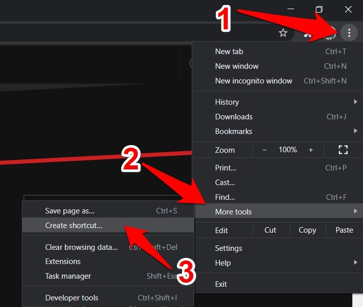 Create Shortcut option in Chrome Computer