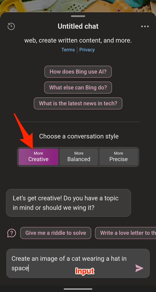 Create AI image in Bing Chat window on Edge for Android