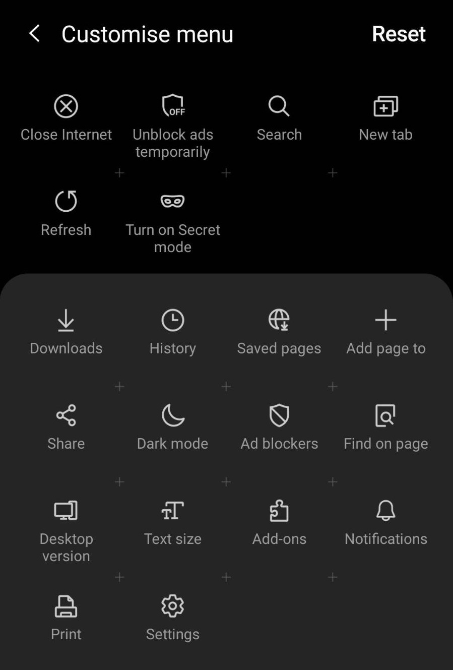 Customize Menu and Settings tabs in Samsung Internet Browser