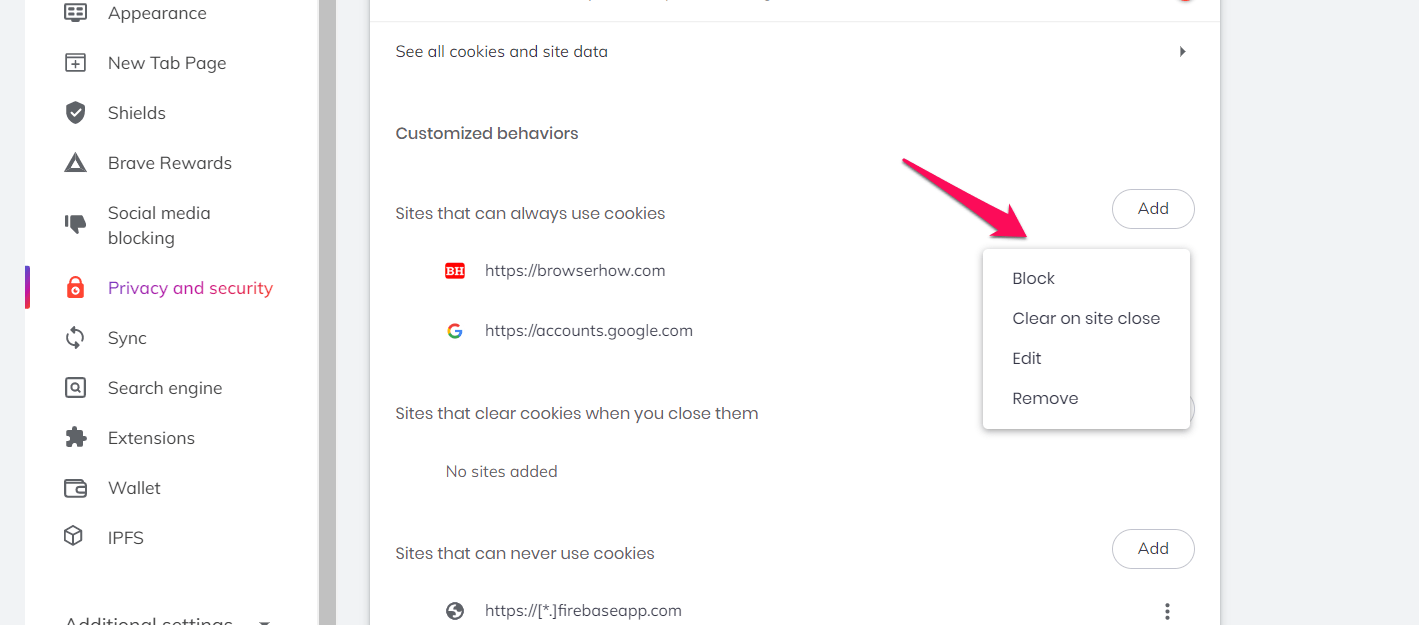 Customize the Site settings for Brave Cookies